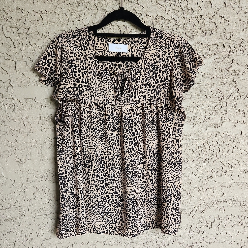 Braeve Leopard Print Tie Front Ruffle Sleeve Women's Top Medium